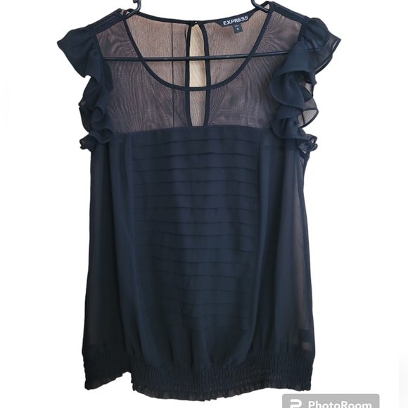 Express Women's Small Sheer Black Ruffled Top - Picture 2 of 7